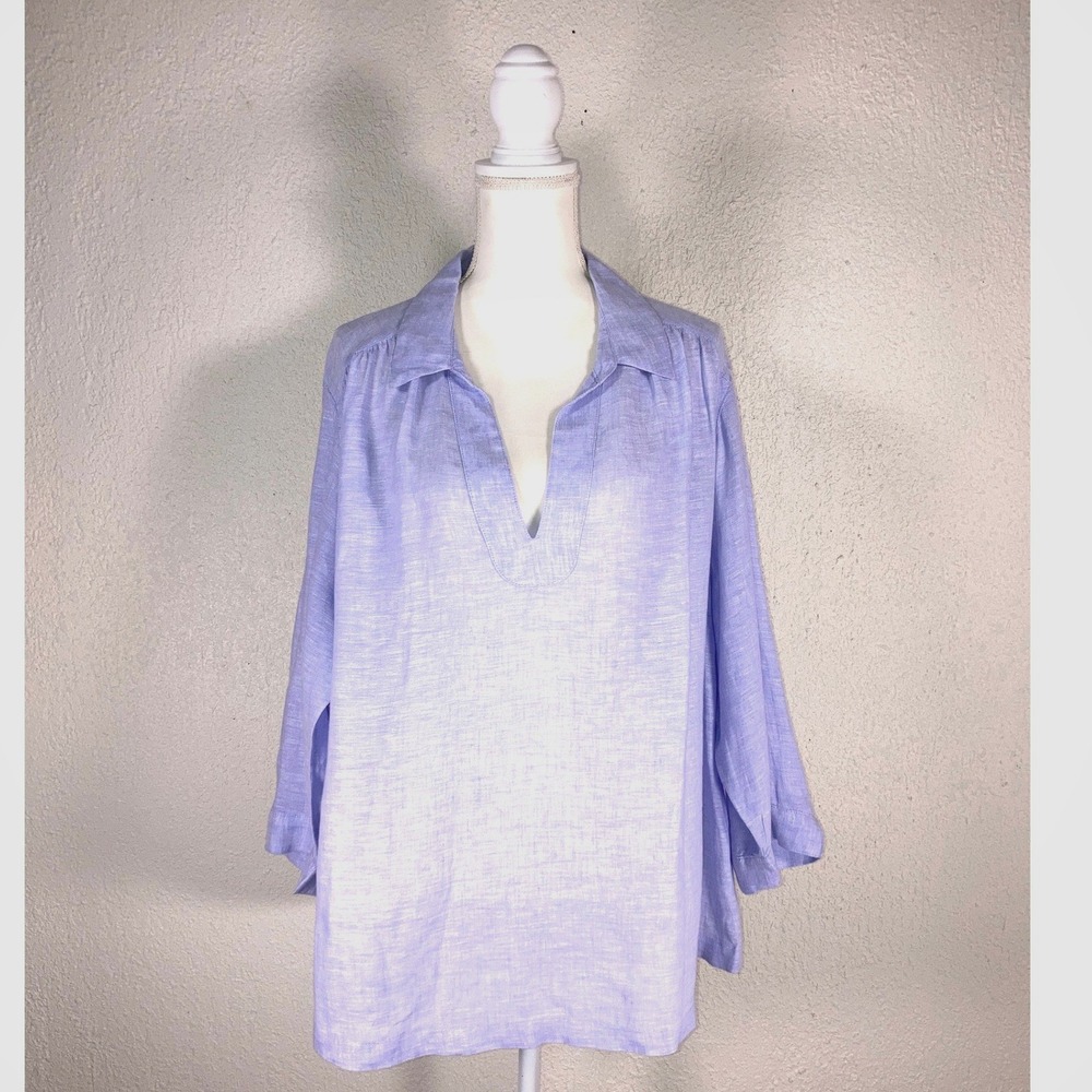 Sigrid Olsen Vintage 90s Linen Tunic Top Periwinkle Blue V-Neck Womens L